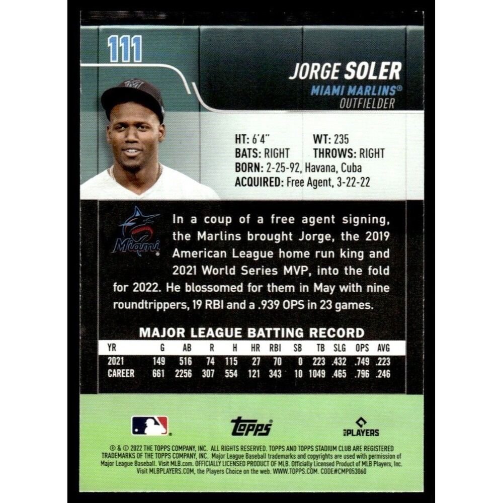 2022 Stadium Club Jorge Soler Miami Marlins #111 - Picture 2 of 2